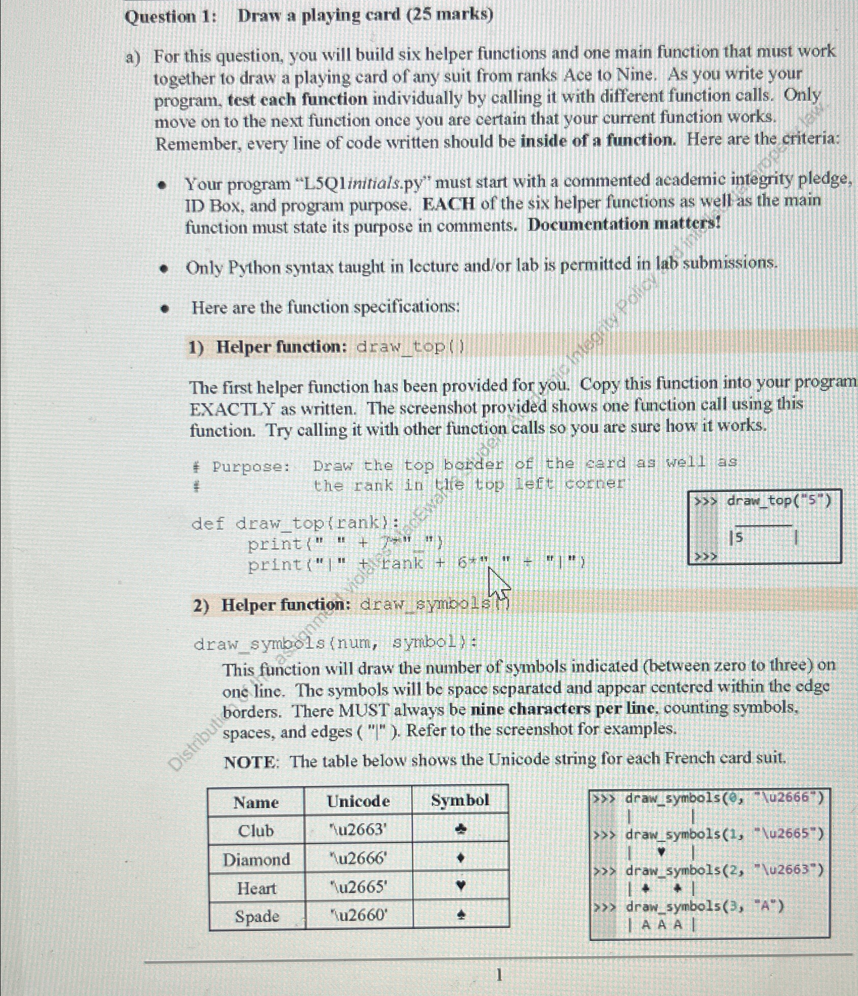  Question 1: Draw a playing card (25 marks) a) For this