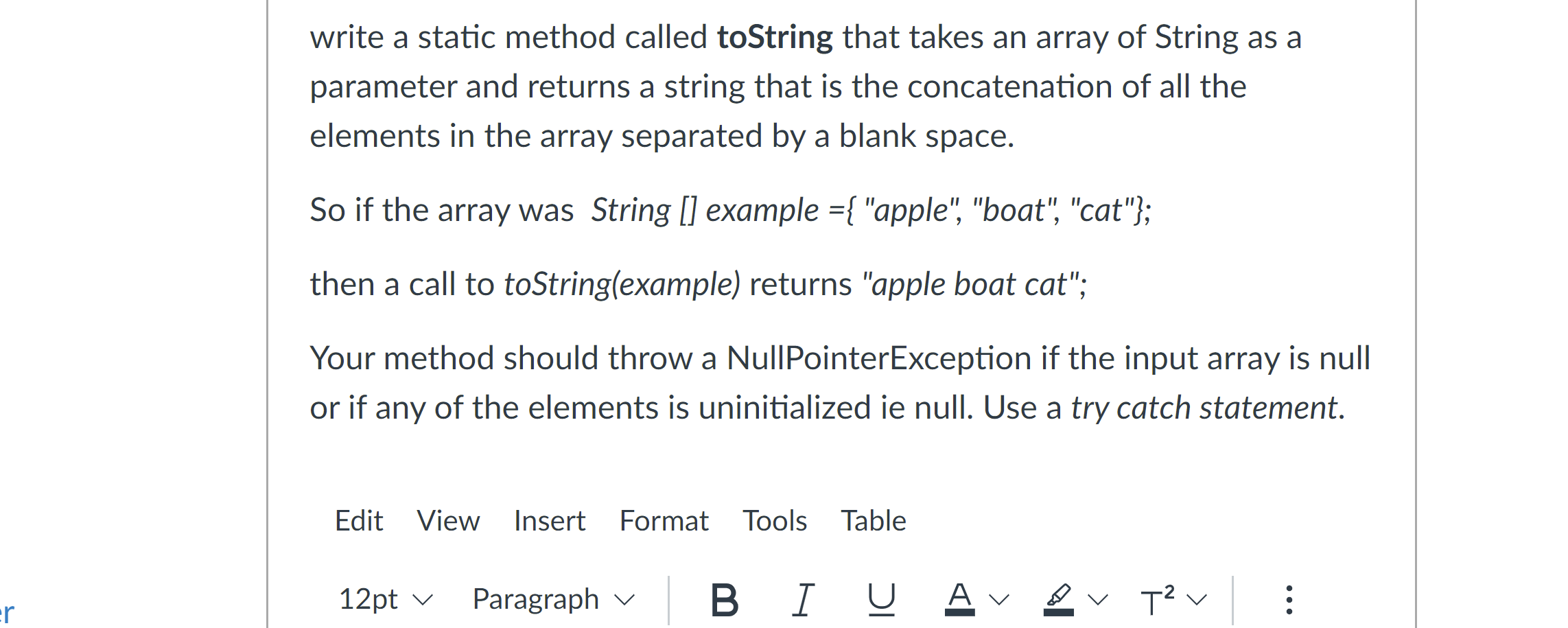  write a static method called toString that takes an array of