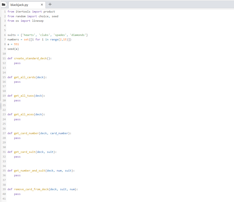 create_standard_deck(): pass def get_all_cards(deck): pass def get_all_twos(deck): pass def get_all_aces(deck): pass def