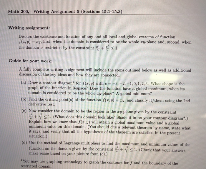  Math 200, Writing Assignment 5 (Sections 15.1-15.3) Writing assignment Discuss the