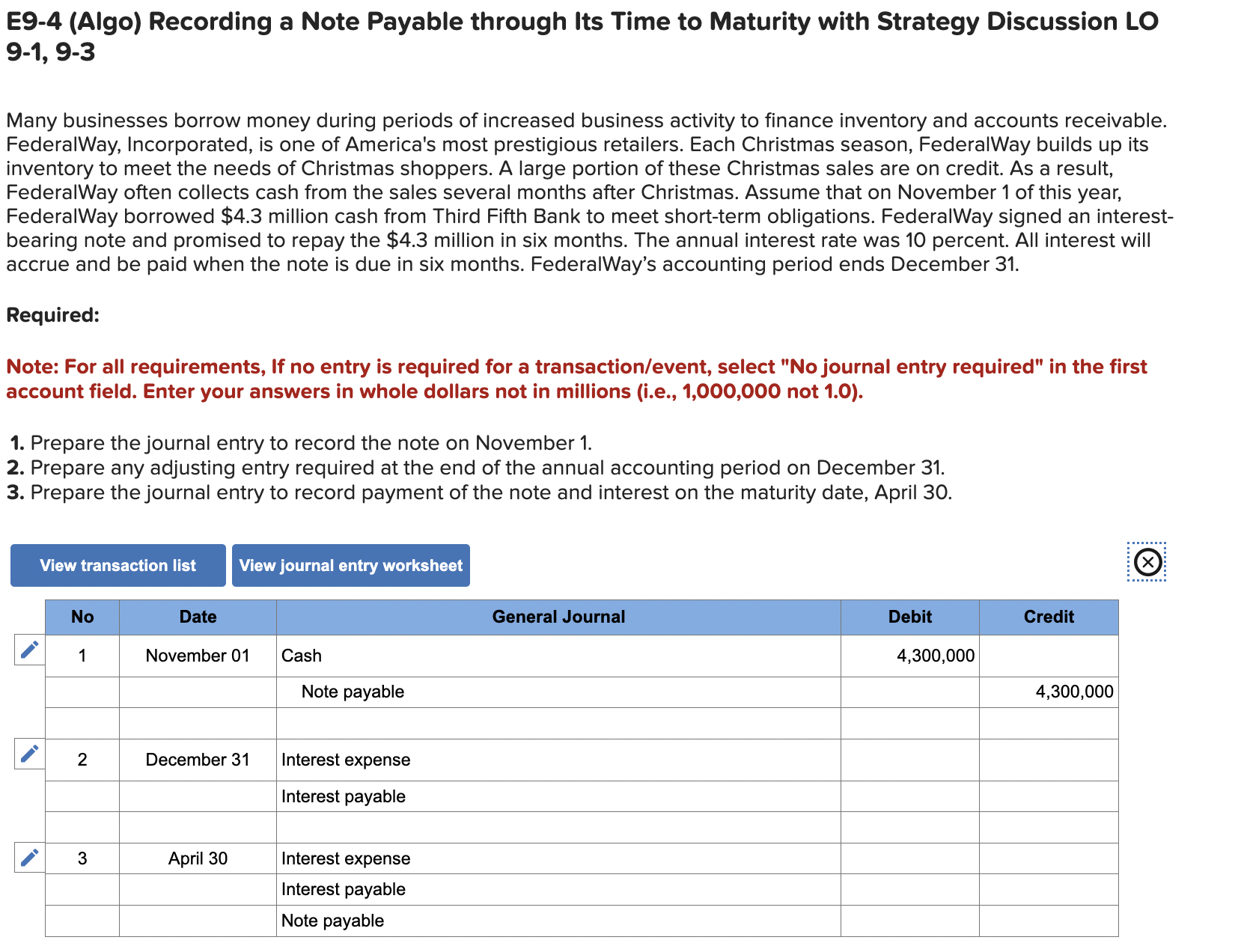  E9-4(Algo) Recording a Note Payable through Its Time to Maturity with