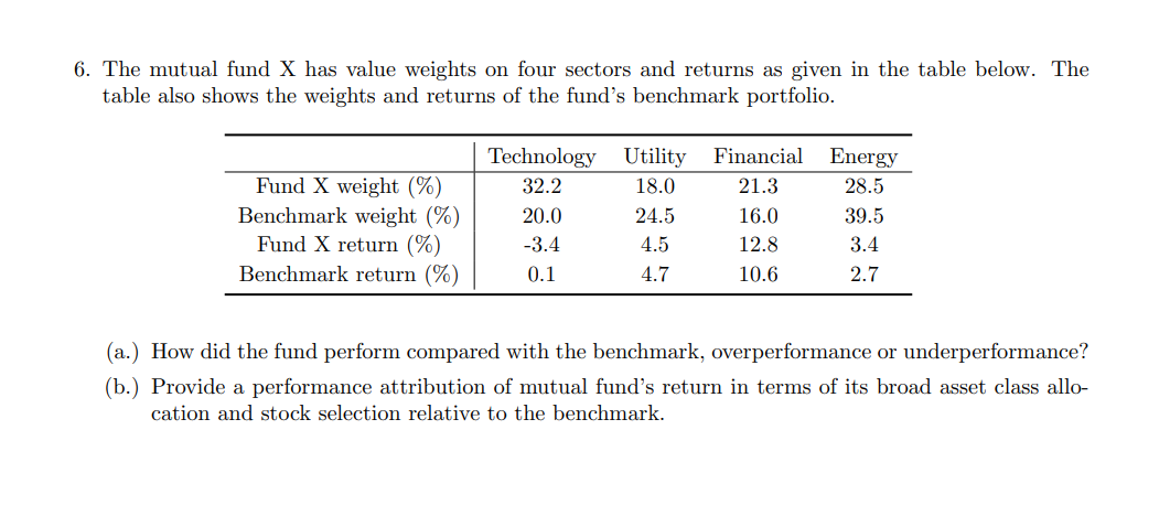 6. The mutual fund X has value weights on four sectors