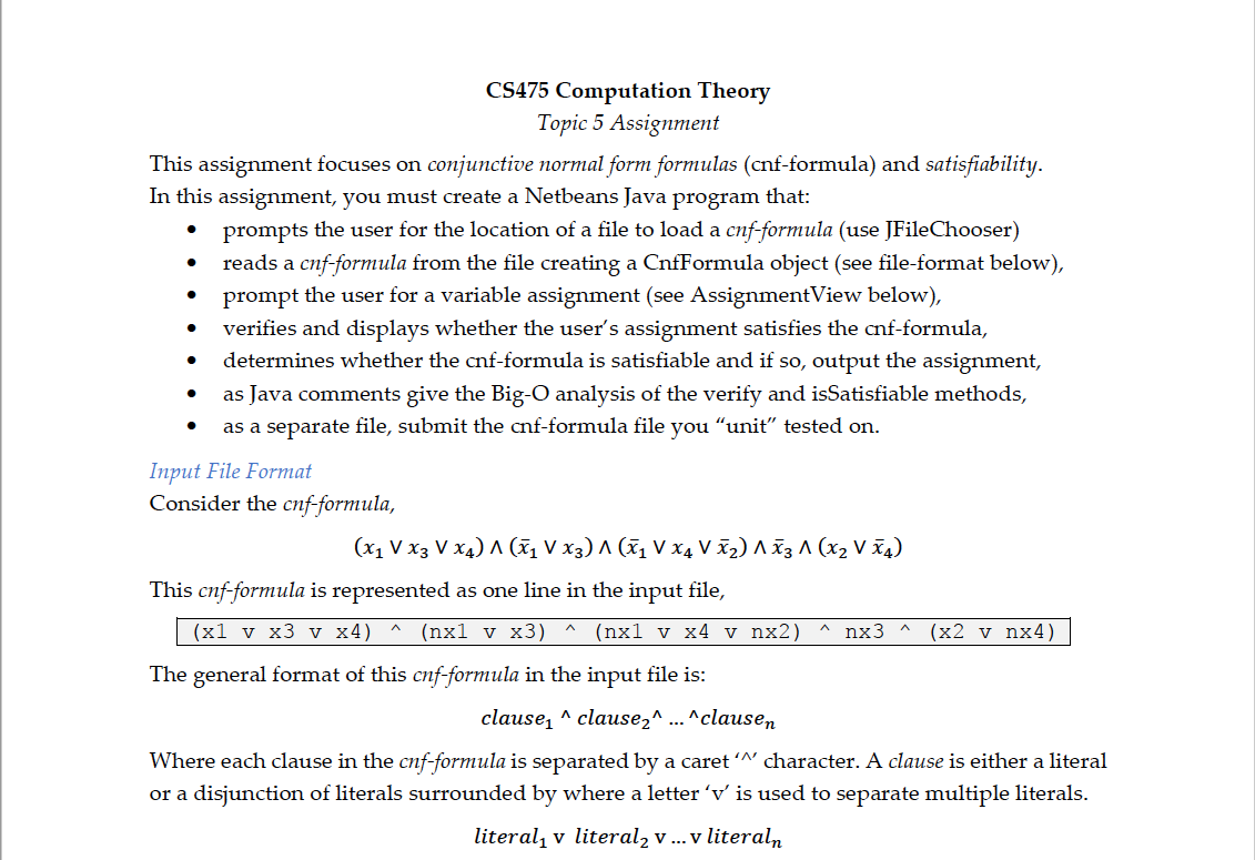 PLEASE Help code in Java! CS475 Computation Theory Topic 5 Assignment This