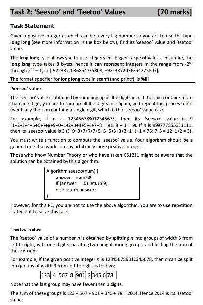 Code in C. DO TEETOO (NOT SEESOO) I am only given