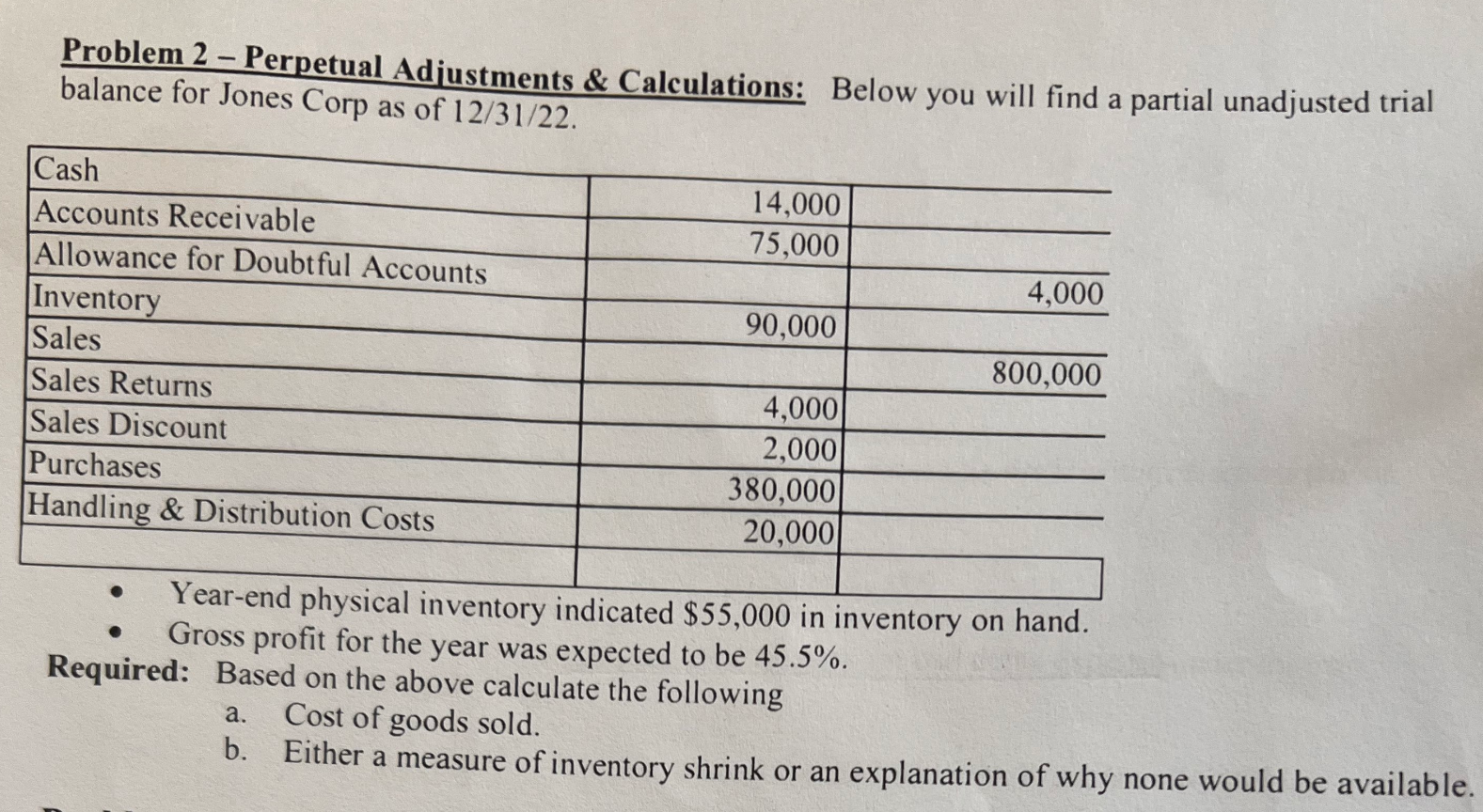  Problem 2- Perpetual Adjustments & Calculations: Below you will find a