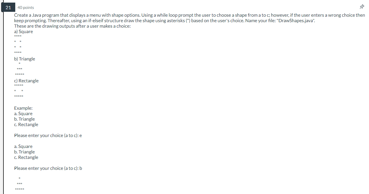 Create a Java program that displays a menu with shape options. Using