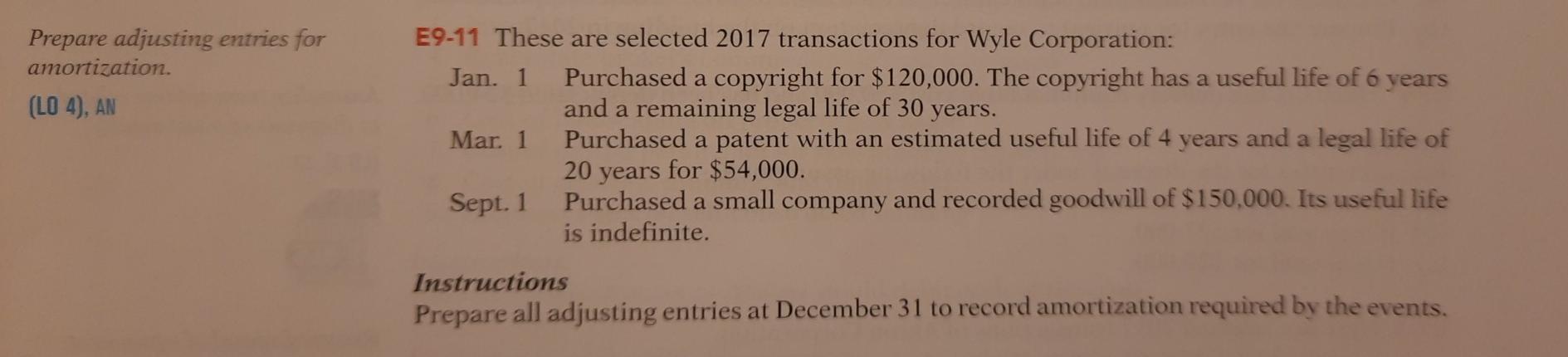  typing please Prepare adjusting entries for amortization. (LO 4), AN E9-11