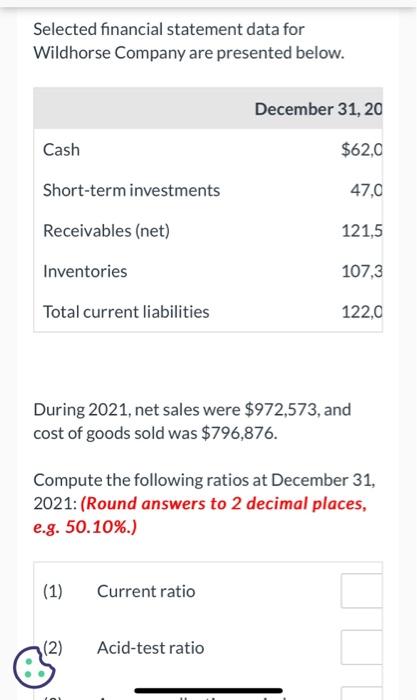  Selected financial statement data for Wildhorse Company are presented below. During