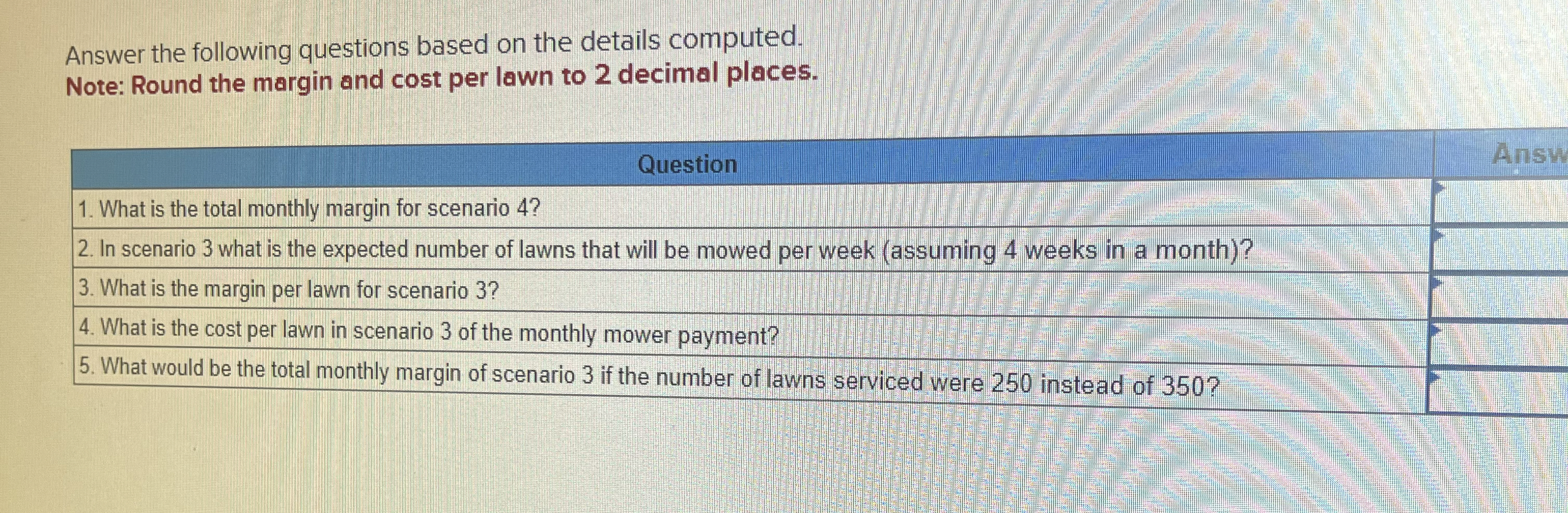  Answer the following questions based on the details computed. Note: Round