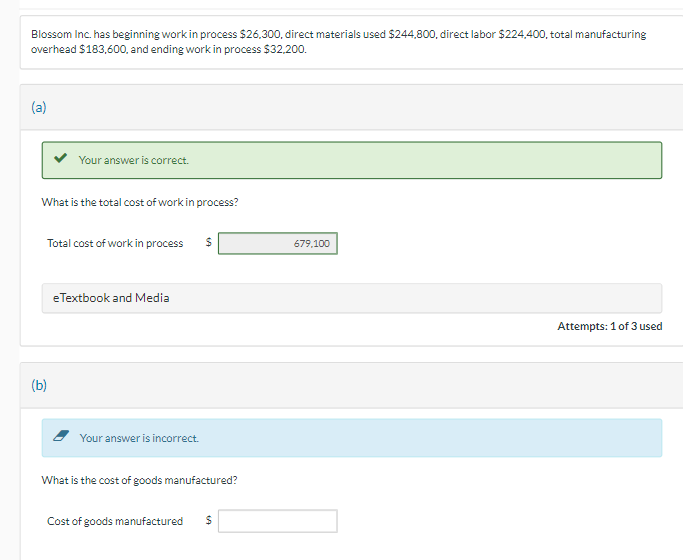  Blossom Inc. has beginning work in process $26,300, direct materials used