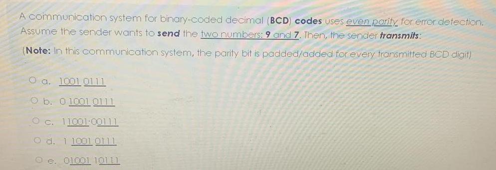  A communication system for binary-coded decimal (BCD) codes uses even parity