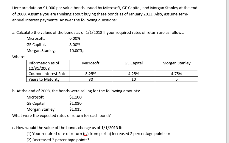  Here are data on $1,000 par value bonds issued by Microsoft,