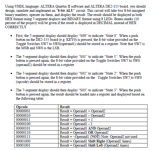  Using VHDL language, ALTERA Quartus II software and ALTERA DE2-115 board,