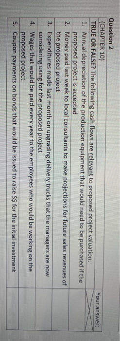 Your answer: Question 2 (CHAPTER 10) TRUE OR FALSE? The following