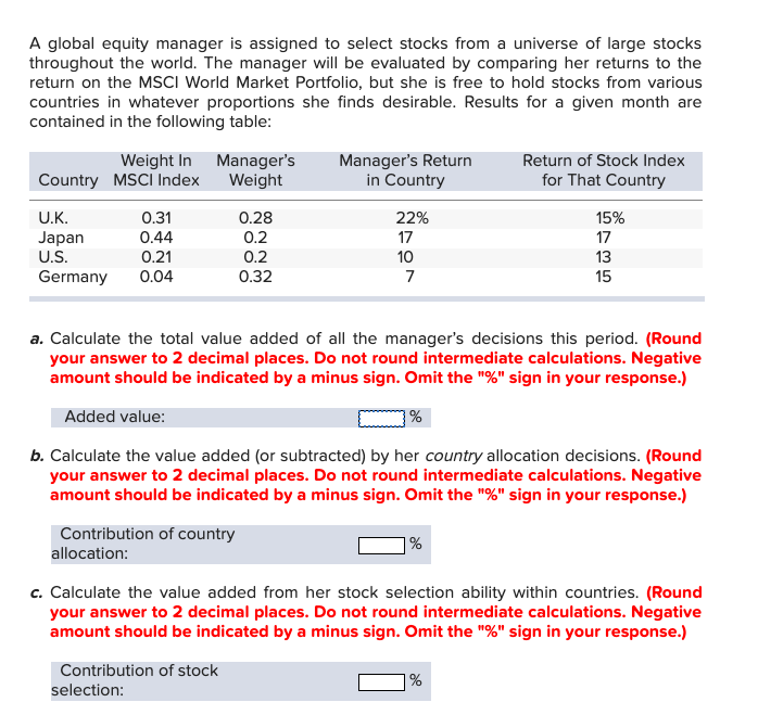  A global equity manager is assigned to select stocks from a