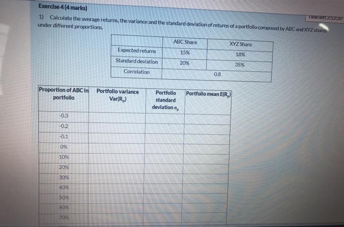  Exercise 4 (4 marks) Timelert 22:20 1) Calculate the average returns,