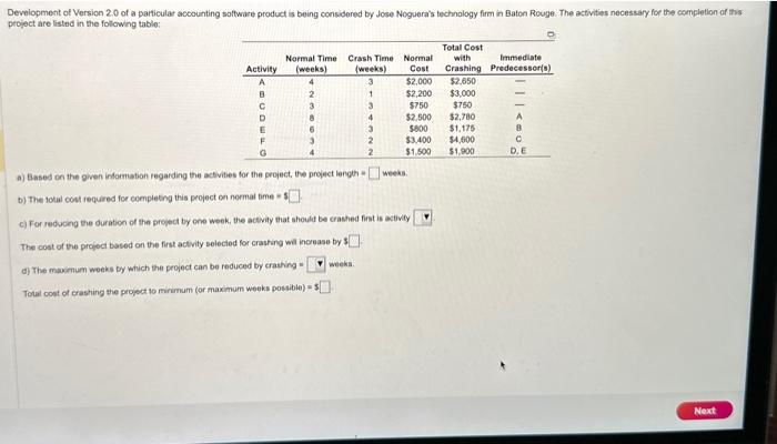  a) Based on the given information regarding the activites for the