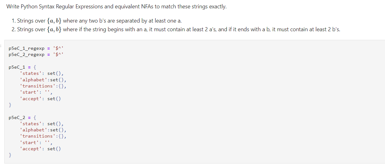  Write Python Syntax Regular Expressions and equivalent NFAs to match these