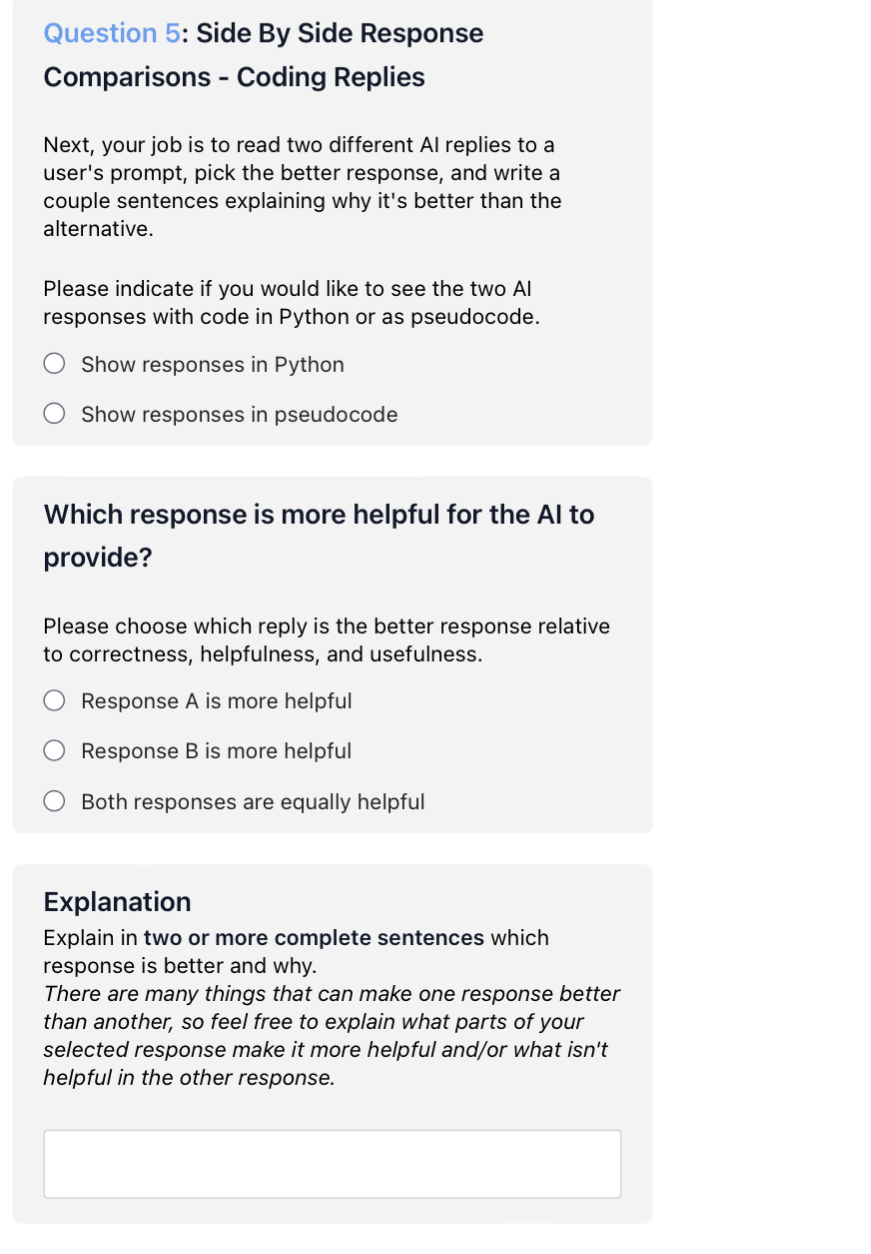  Question 5: Side By Side Response Comparisons - Coding Replies Next,