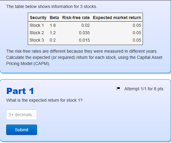 With excel formula The table below shows information for 3 stocks. Security