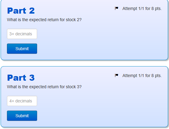 Beta Risk-free rate Expected market return 0.02 0.035 0.015 Stock 1 1.8