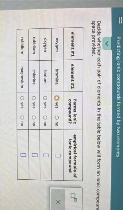  Decide whether each pair of elements in the table below will