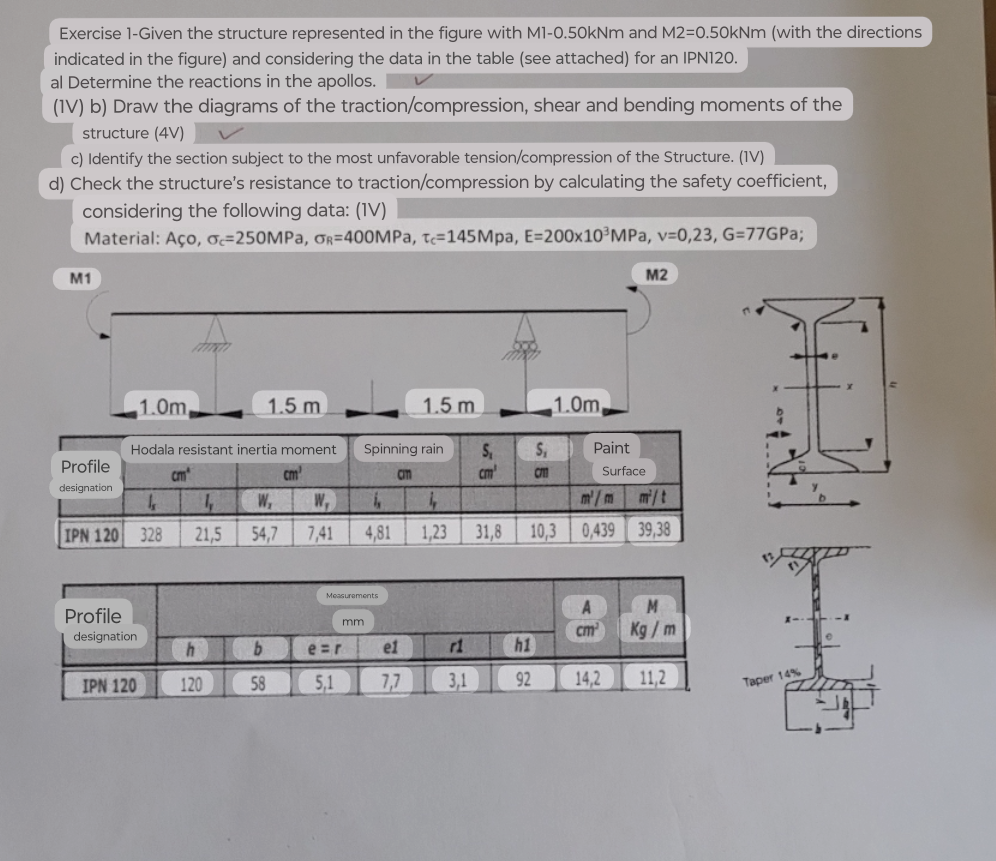  Exercise l-Given the structure represented in the figure with M1=0.50kNm and