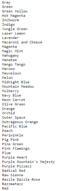 also put screenshot of your code. 41. Crayon Colors The file shortcolors.txt