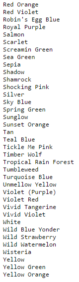 initially contains the names of all the colors in a full box