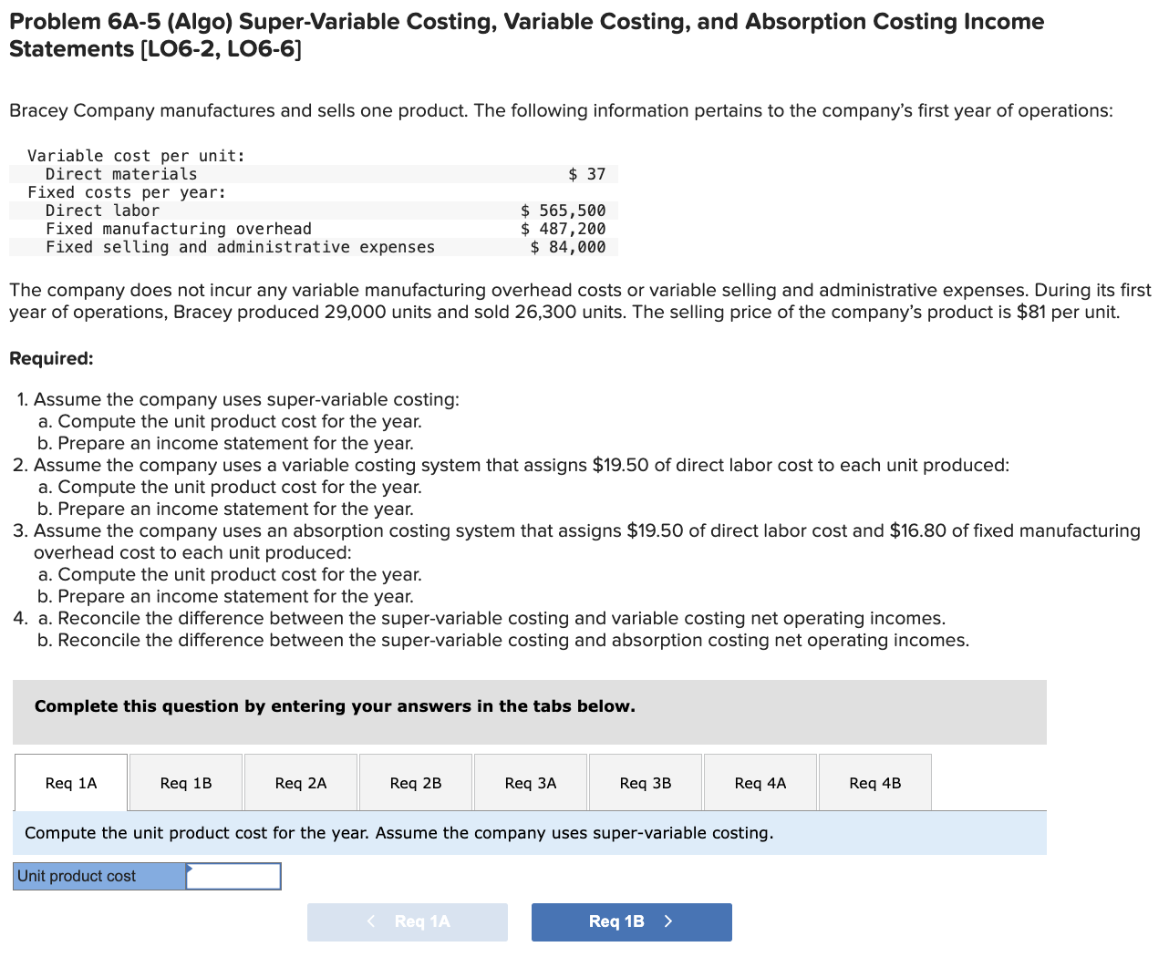  Problem 6A-5(Algo) Super-Variable Costing, Variable Costing, and Absorption Costing Income Statements