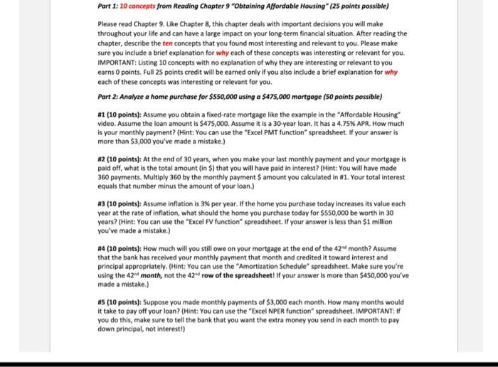  Part 1: 10 concepts from Reading Chapter 9 "Obtaining Affordable Housing"