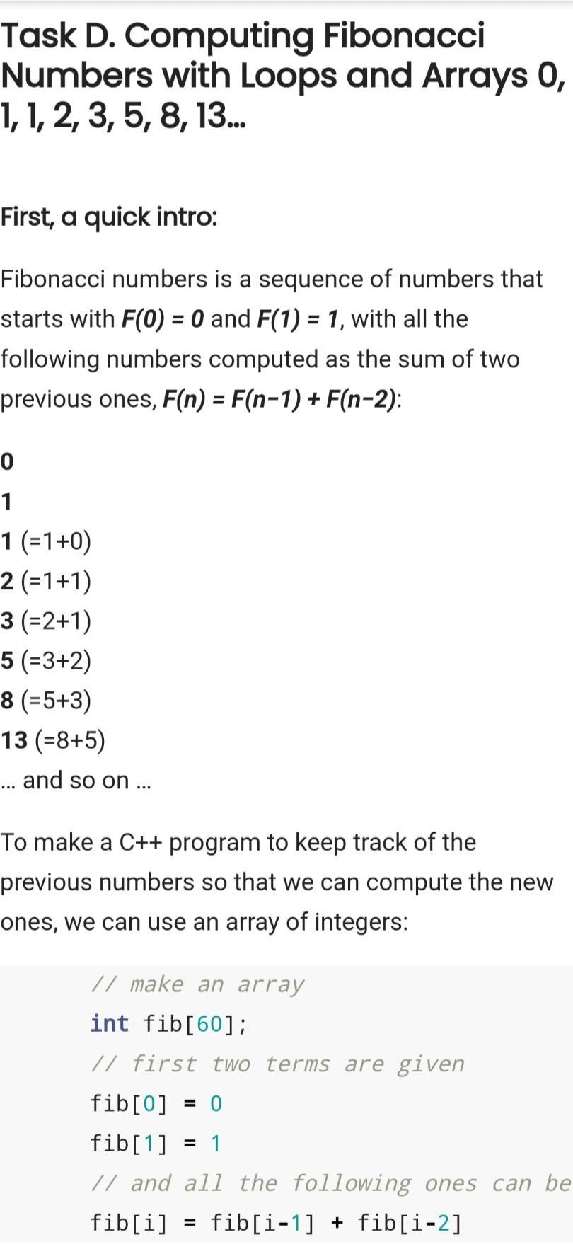 c++ program Task D. Computing Fibonacci Numbers with Loops and Arrays