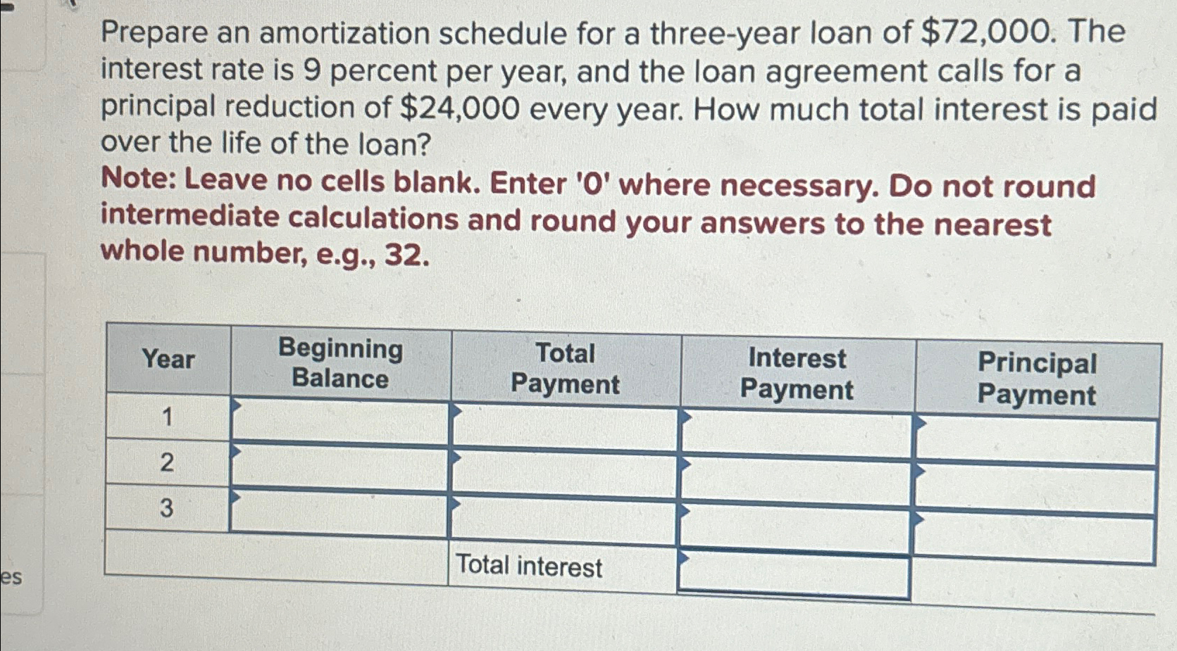  Prepare an amortization schedule for a three-year loan of $72,000. The