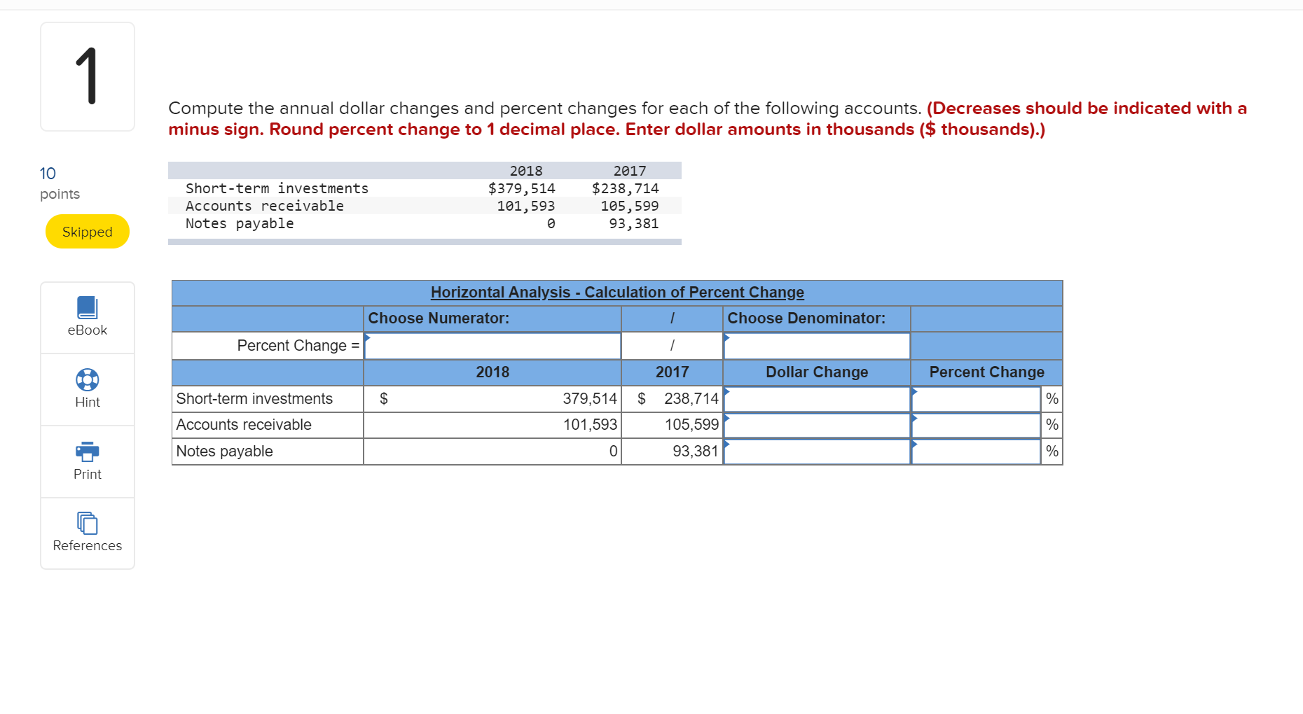  Compute the annual dollar changes and percent changes for each of