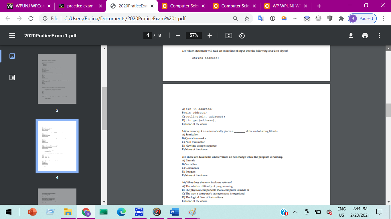 WP WPUNJ WPCor X Bb practice exam S2020PraticeExa X Computer Sciex