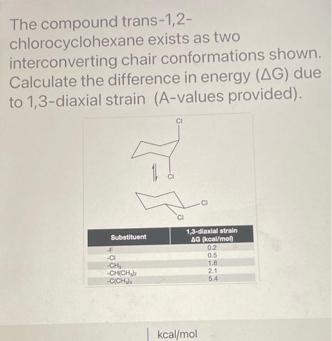  The compound trans-1,2chlorocyclohexane exists as two interconverting chair conformations shown. Calculate