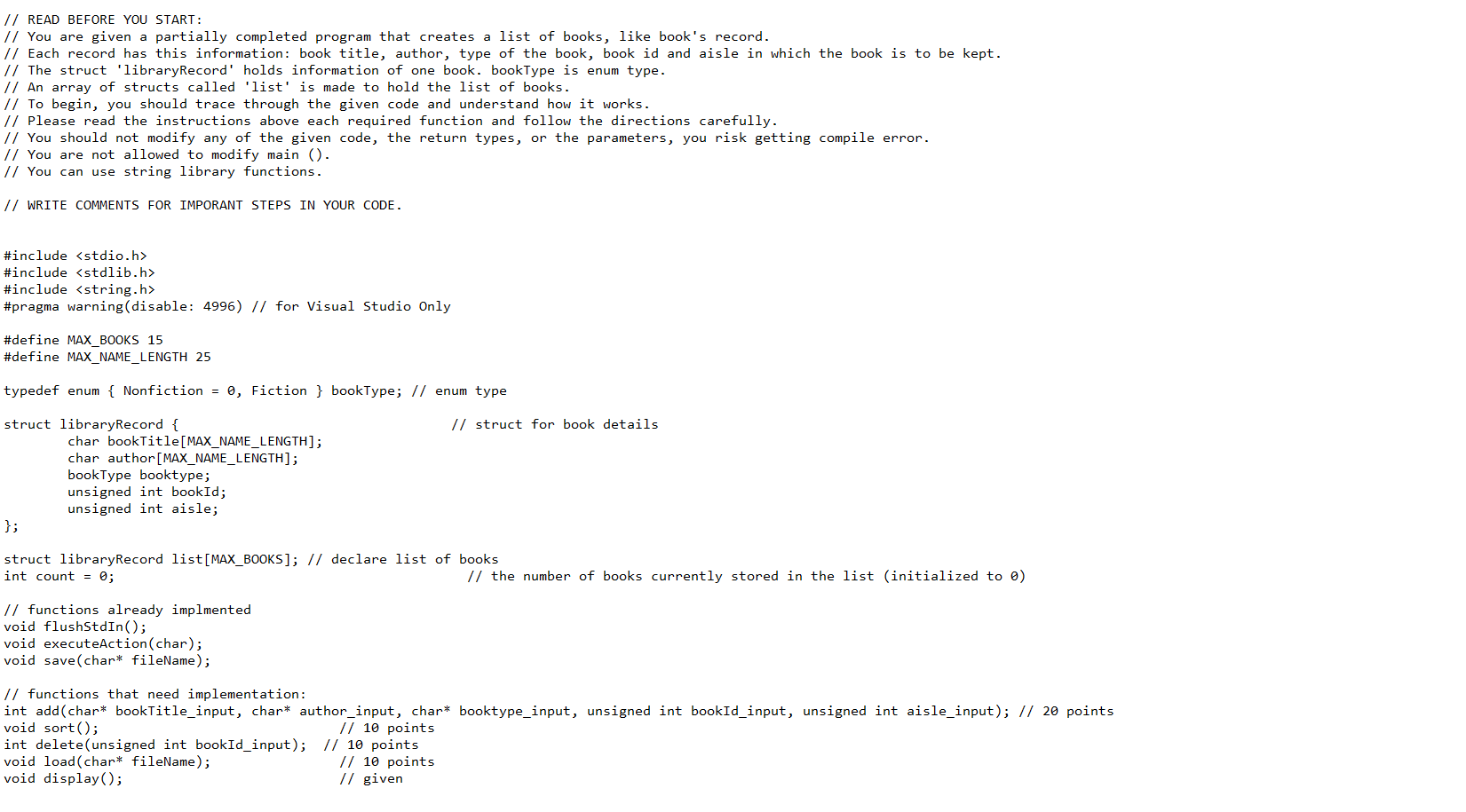 Type, Book Id, Aisle number in which the book should be kept.