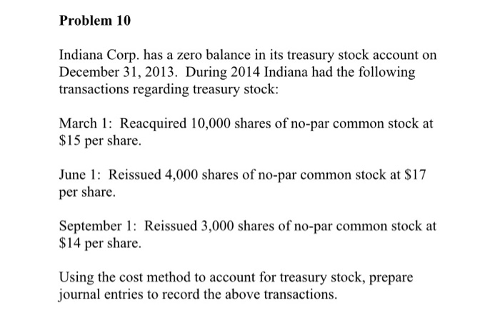  Problem 10 Indiana Corp. has a zero balance in its treasury