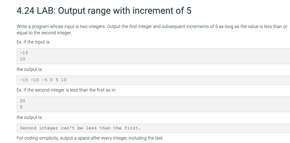  Need In Python 4.24 LAB: Output range with increment of 5