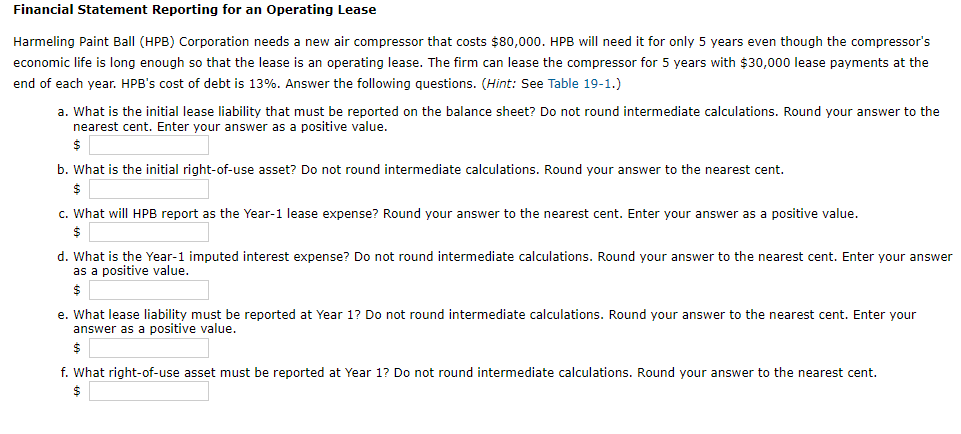 Financial Statement Reporting for an Operating Lease Harmeling Paint Ball (HPB)