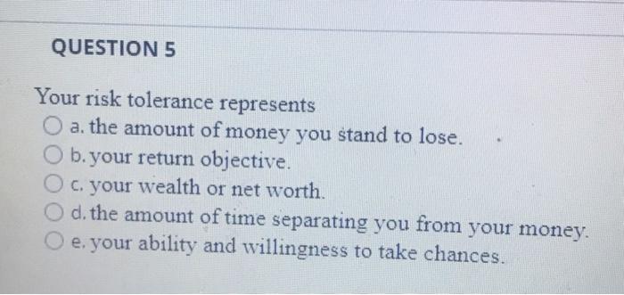  QUESTION 5 Your risk tolerance represents O a. the amount of
