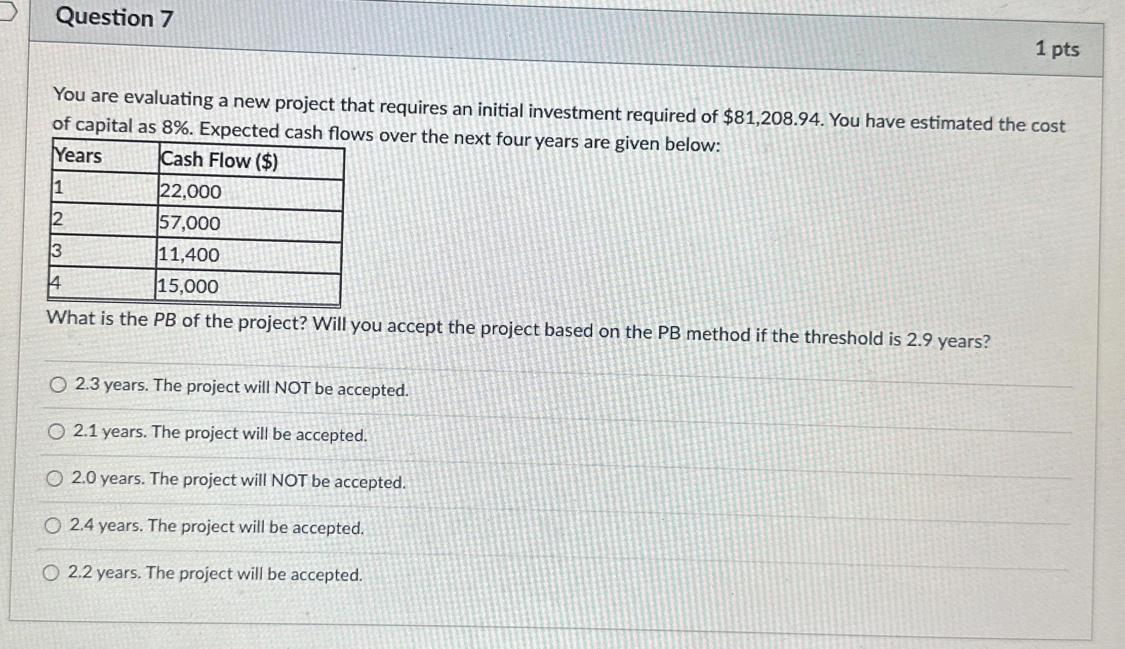  Question 7 1 pts You are evaluating a new project that