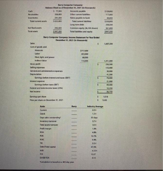  please solve and answer questions a-d. Barry computer Cempany Batance Sheet