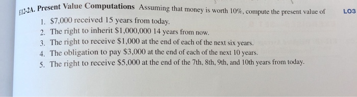  E12-2A nt Value Computations Assuming that money is worth 10%, compute