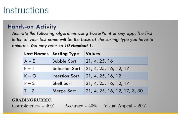  DATA STRUCTURES Instructions Hands-on Activity Animate the following algorithms using Power
