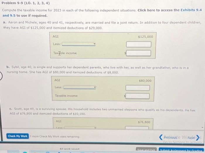  Problem 9-9 (LO. 1, 2, 3, 4) Compute the taxable income