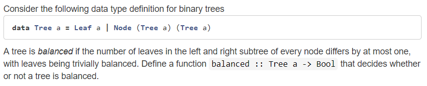 the following data type definition for binary trees data Tree a