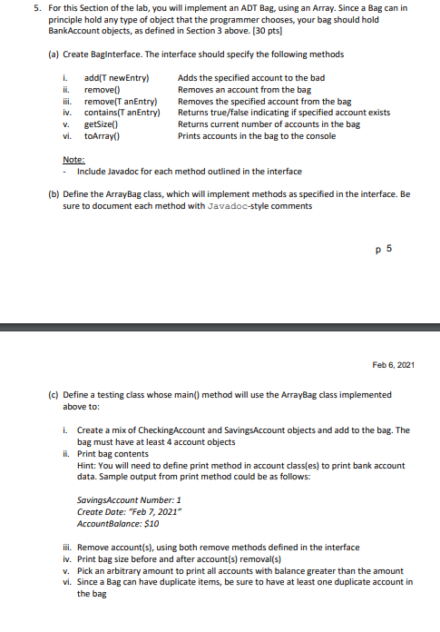Please write in Java. 5. For this Section of the lab, you