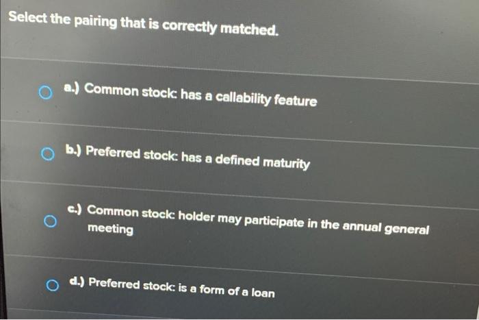  Select the pairing that is correctly matched. a.) Common stock: has