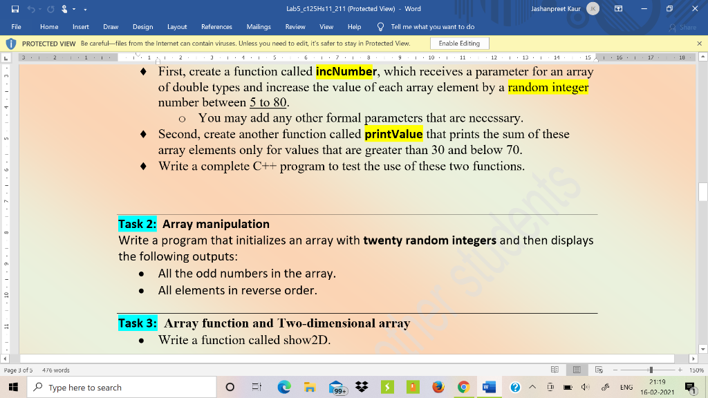 Solve Task 2 C++ program Lab5_c125Hs11_211 (Protected View) - Word Jashanpreet Kaur